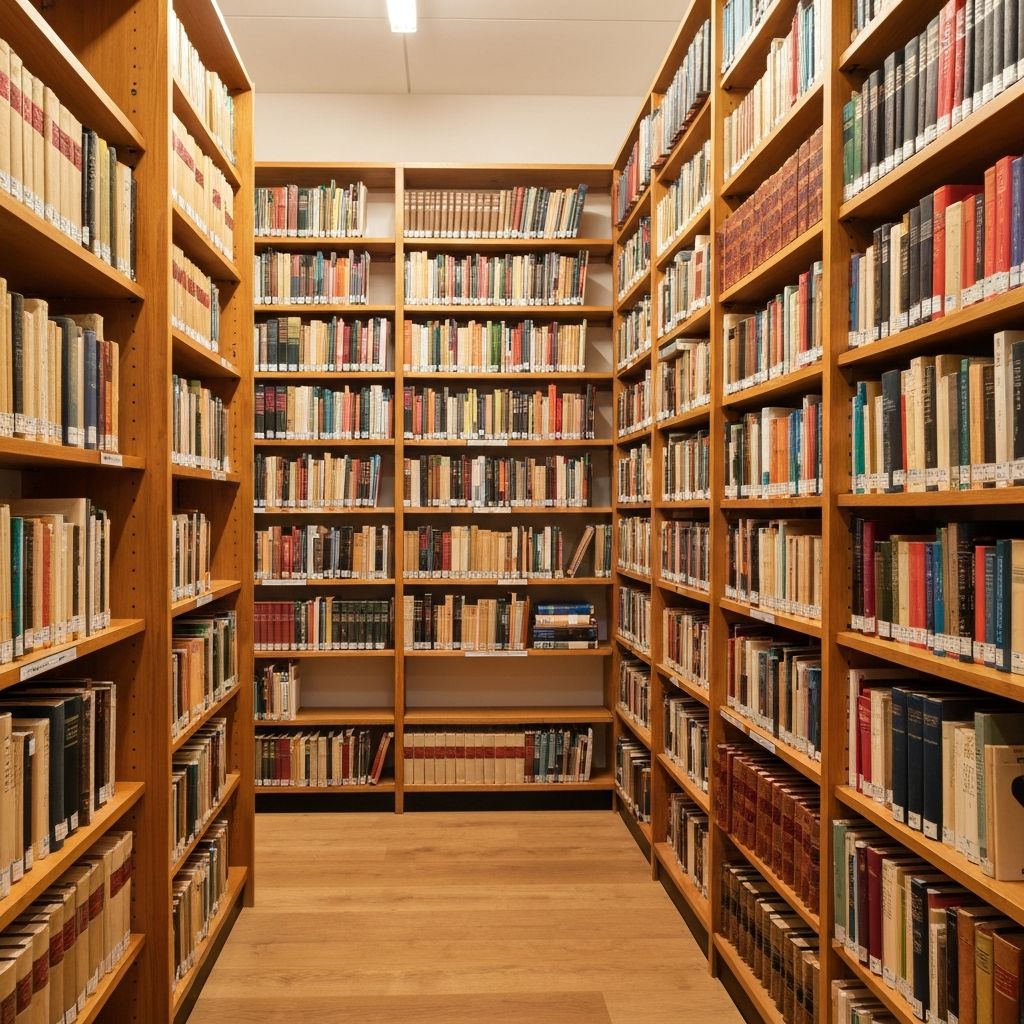 Library interior with books on shelves representing knowledge center, warm natural light, scholarly atmosphere