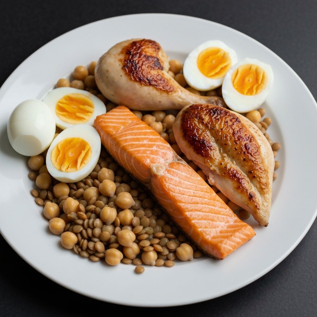 A balanced plate displaying various protein sources including grilled fish, chicken breast, legumes, and eggs arranged on white plate