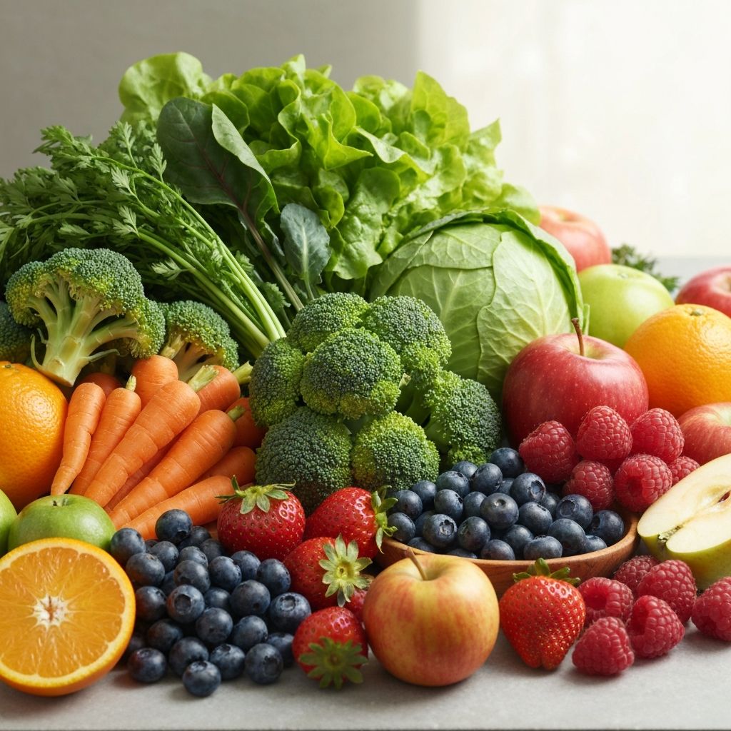 Abundant fresh colorful vegetables and fruits including broccoli, carrots, leafy greens, and berries arranged naturally