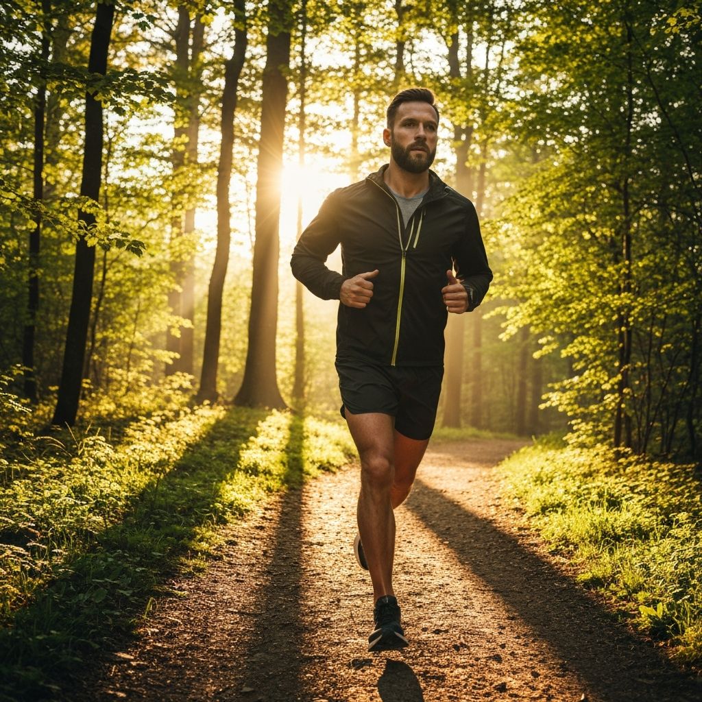Man jogging on scenic forest trail at sunrise wearing athletic wear, warm golden light with dramatic shadows